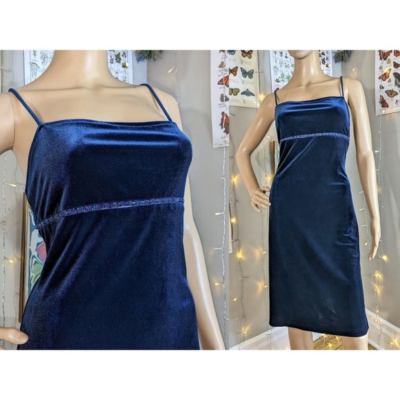 NWT Vintage 90s y2k City Triangles Velvet Dress Blue Beaded Empire Waist Siren L - Picture 5 of 8